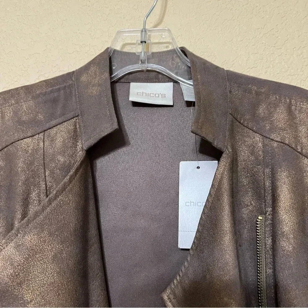 Chico’s Faux Suede Moto Jacket Bronze Metallic Open Front - Picture 3 of 10